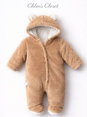 Cozy Teddy Bear Baby Snowsuit Brown Hooded Onesie Soft Fleece